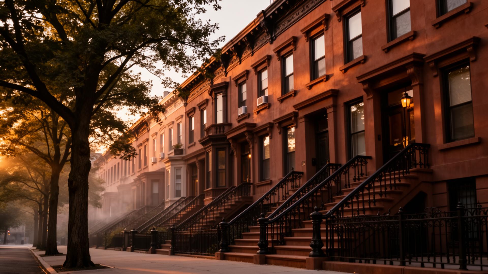 A Harlem brownstone block at dusk